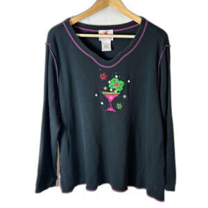 Quacker Factory Black Thermal Knit Holiday Cocktail V-Neck LS T-Shirt Size 1X